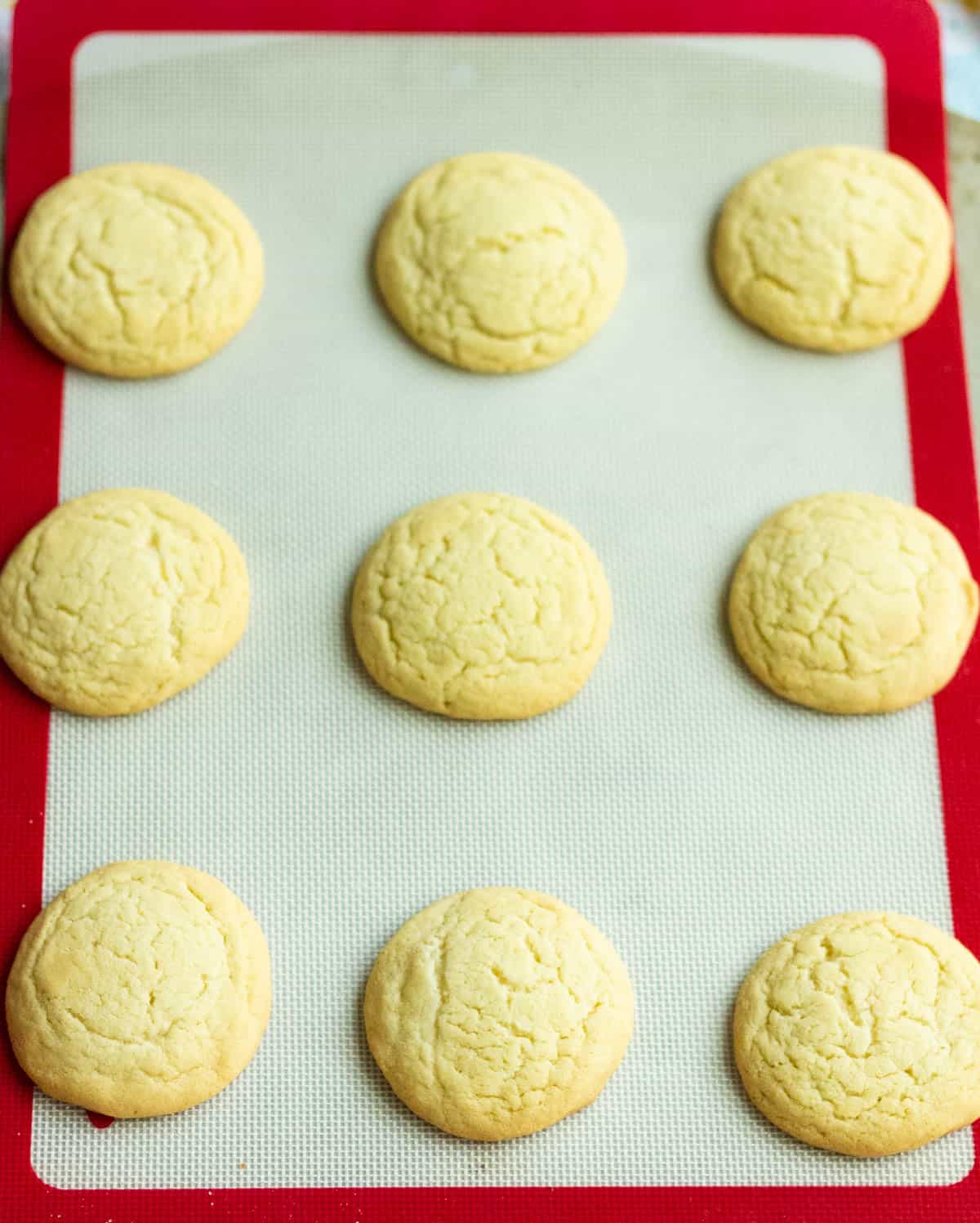 Baked cookies on a Silpat on a baking sheet