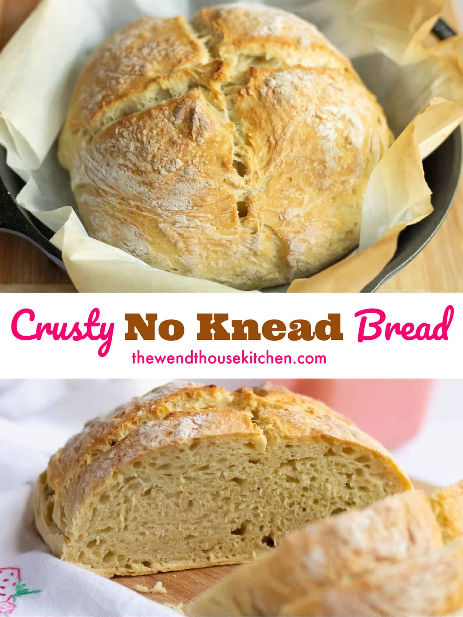Crusty No Knead Bread | Wendthousekitchen.com Pinterest pic of crusty no knead bread