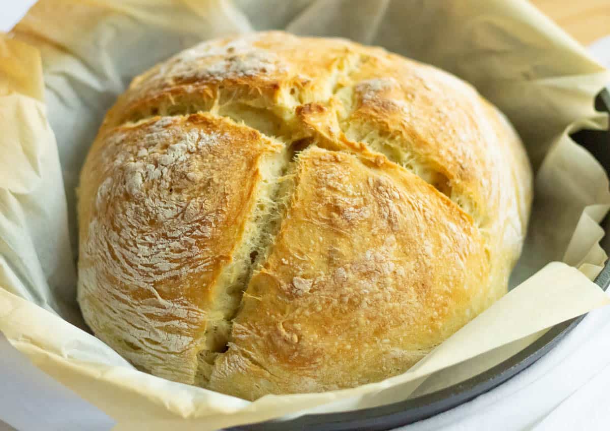 Crusty No Knead Bread | thewendthousekitchen.com Baked bread in a cast iron pan with parchment paper