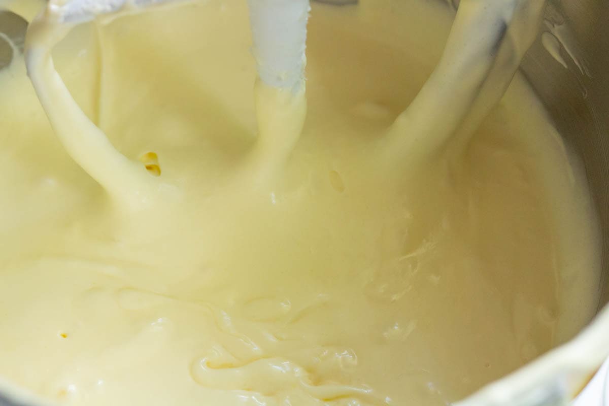 Butter, cream cheese, sugar and eggs combined in the bowl of a stand mixer