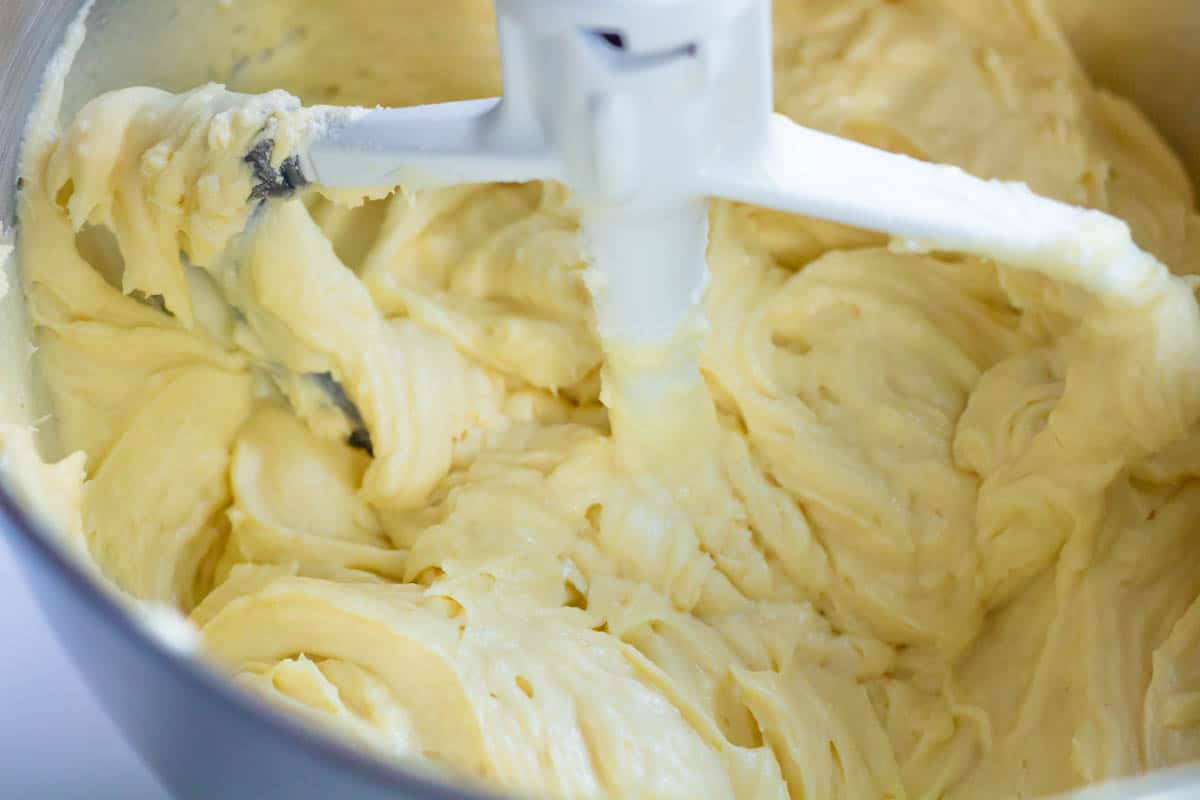 The Best Blueberry Cream Cheese Muffins | thewendthousekitchen.com Muffin batter combined in the bowl of a stand mixer