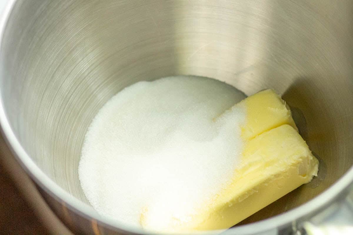 Old-Fashioned Butter Cookie Recipe | thewendthousekitchen.com Butter and sugar in the bowl of a stand mixer.