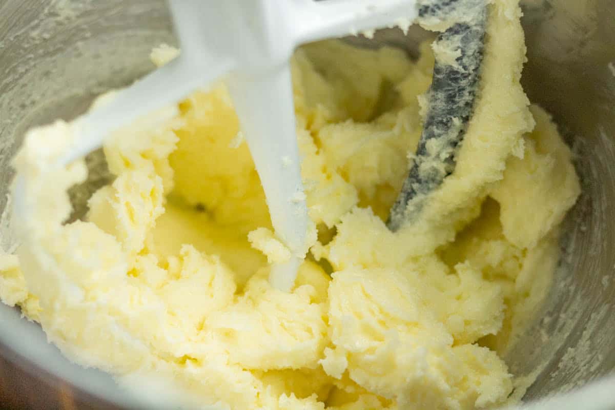 Old-Fashioned Butter Cookie Recipe | thewendthousekitchen.com Butter and sugar blended together in the bowl of a stand mixer.