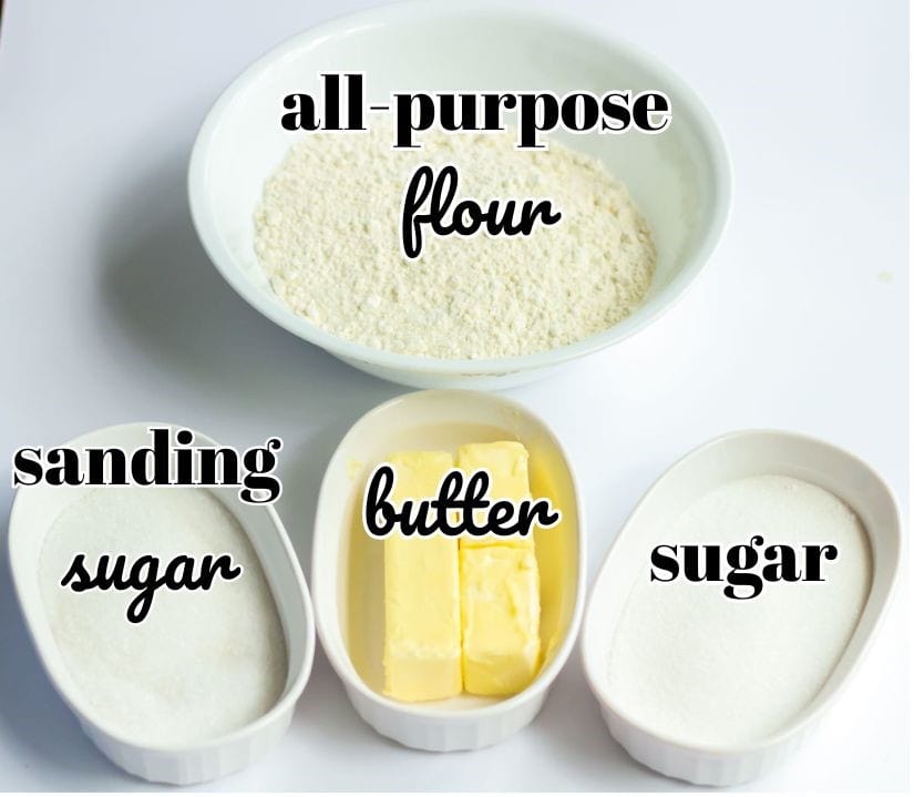 Old-Fashioned Butter Cookie Recipe | thewendthousekitchen.com Ingredients for cookies in individual bowls and labeled.