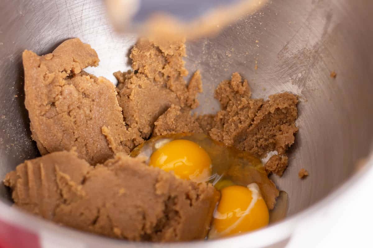 Eggs added to sugar, brown sugar and butter