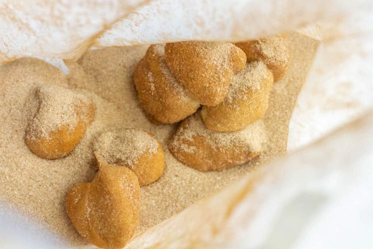 Cut up rolls in a bag coated with cinnamon sugar