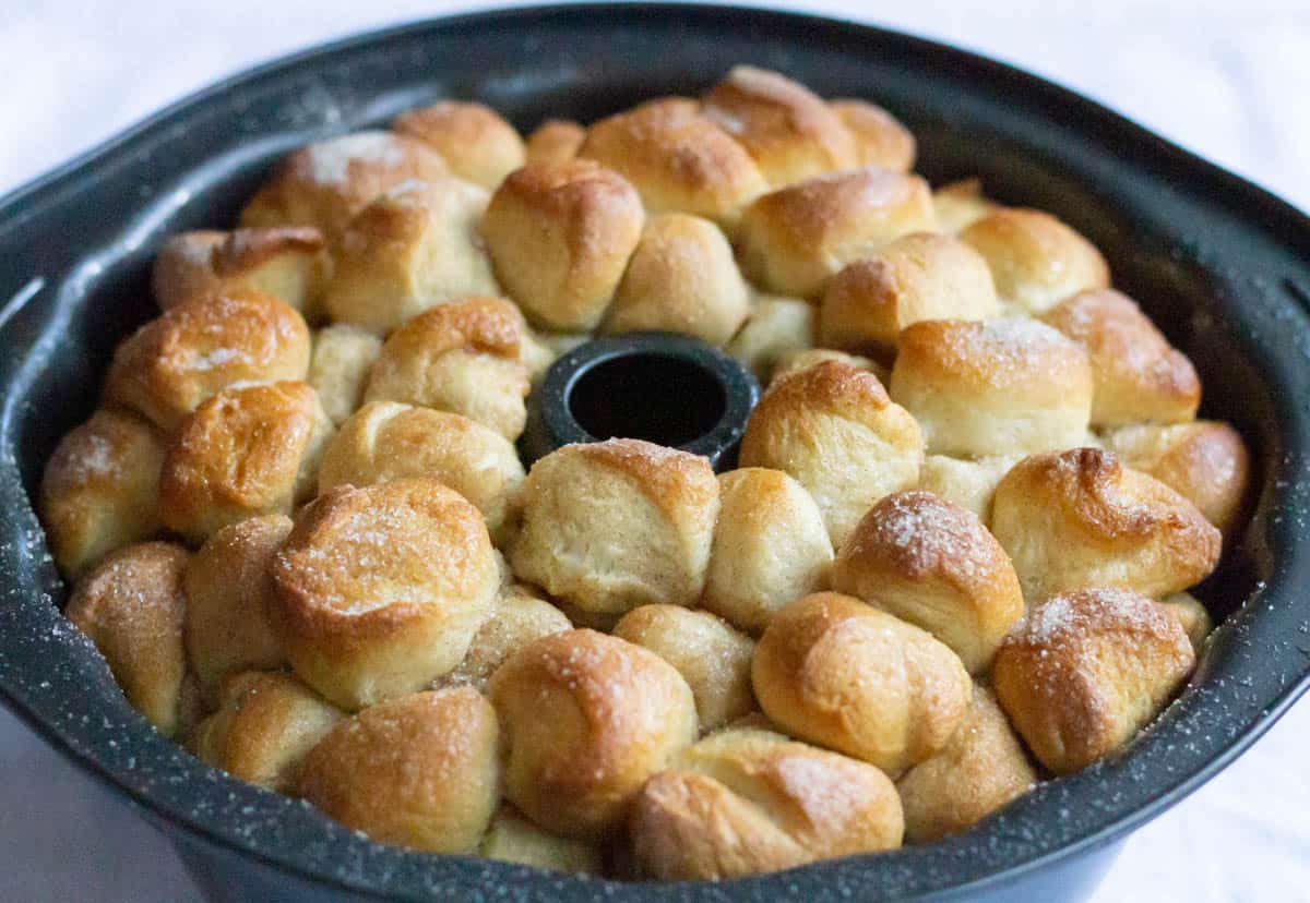 Baked monkey bread in a dark Bundt pan