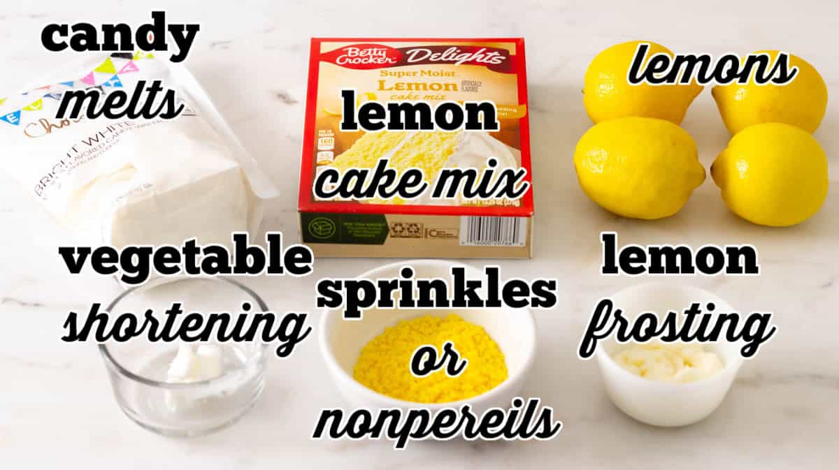 Ingredients for lemon cake pops in individual bowls and labeled