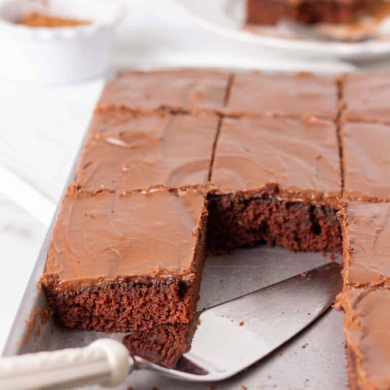 Sliced cake with pieces missing in a pan with a cake server