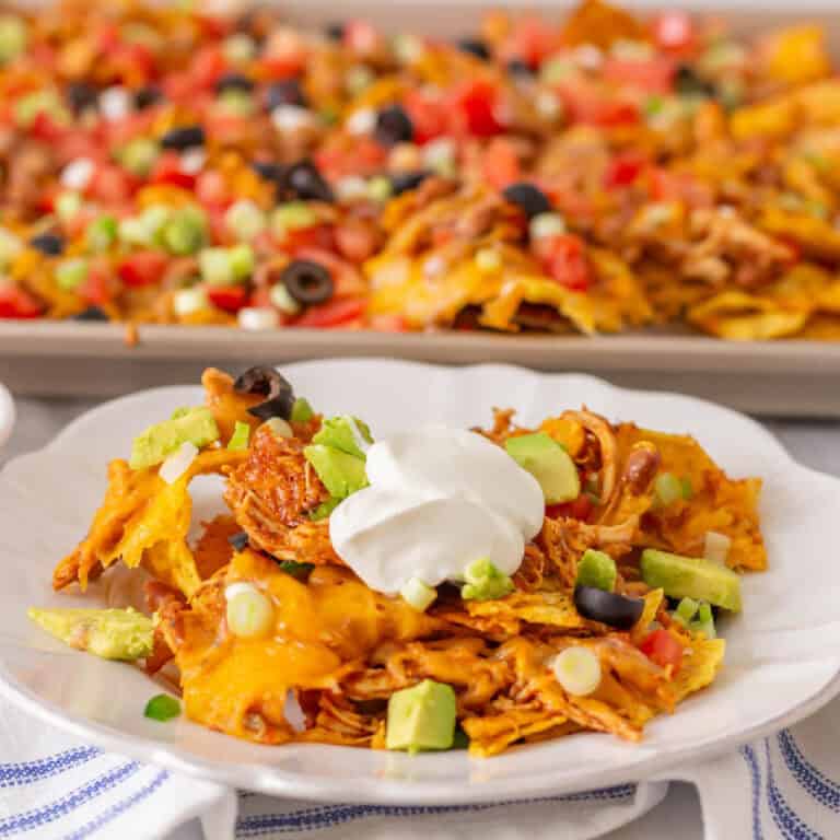 Nachos on a white plate with a pan of nachos in the background