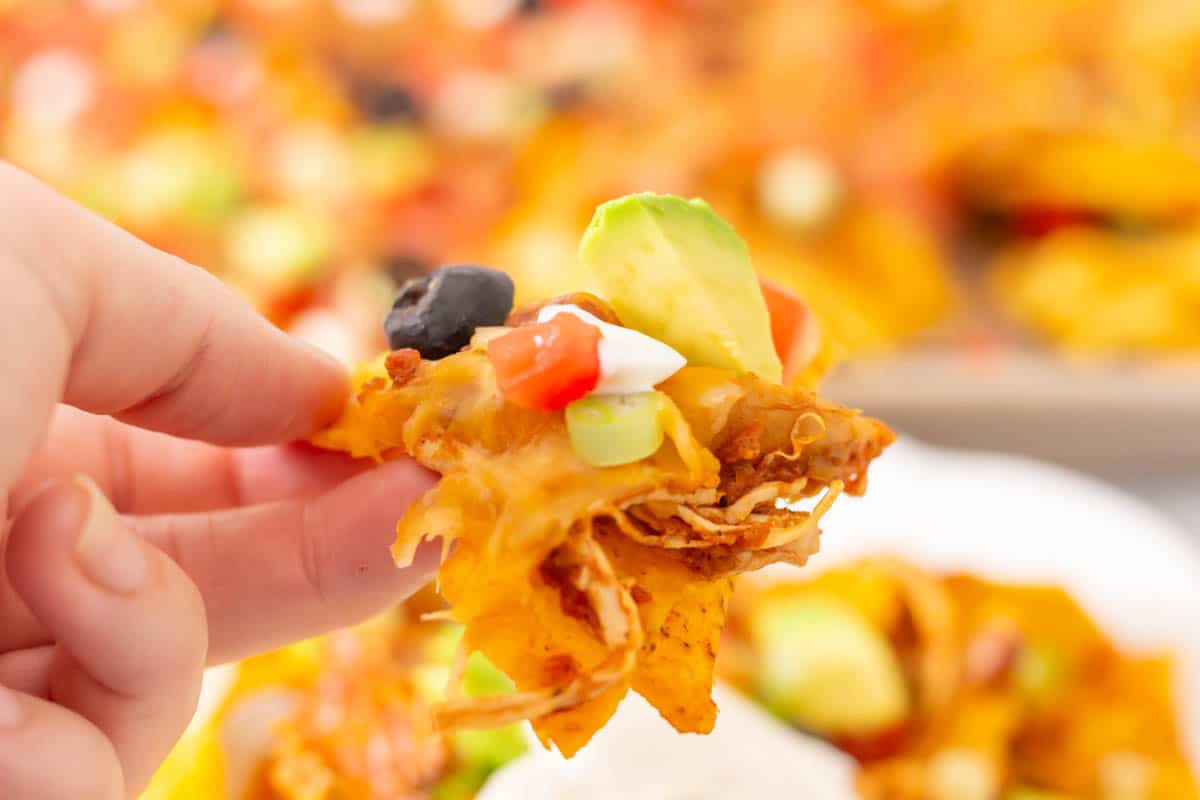 Holding a nacho topped with avocado and black olive