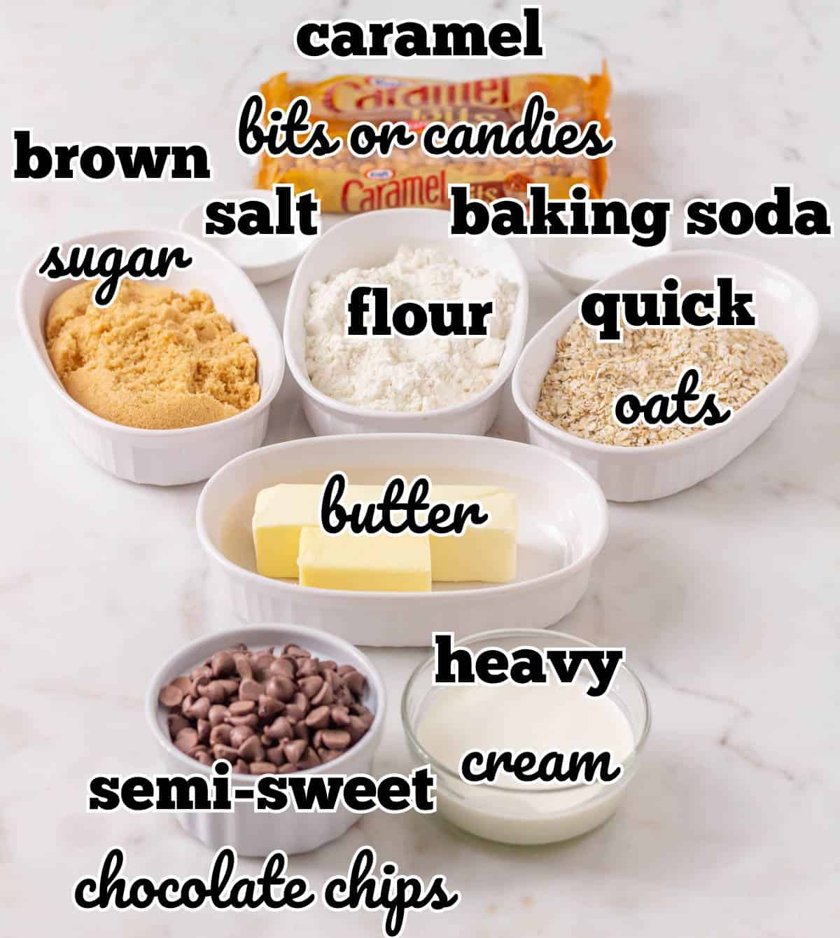 Carmelitas Dessert Bars | thewendthousekitchen.com Ingredients for carmelitas in individual ramekins and labeled