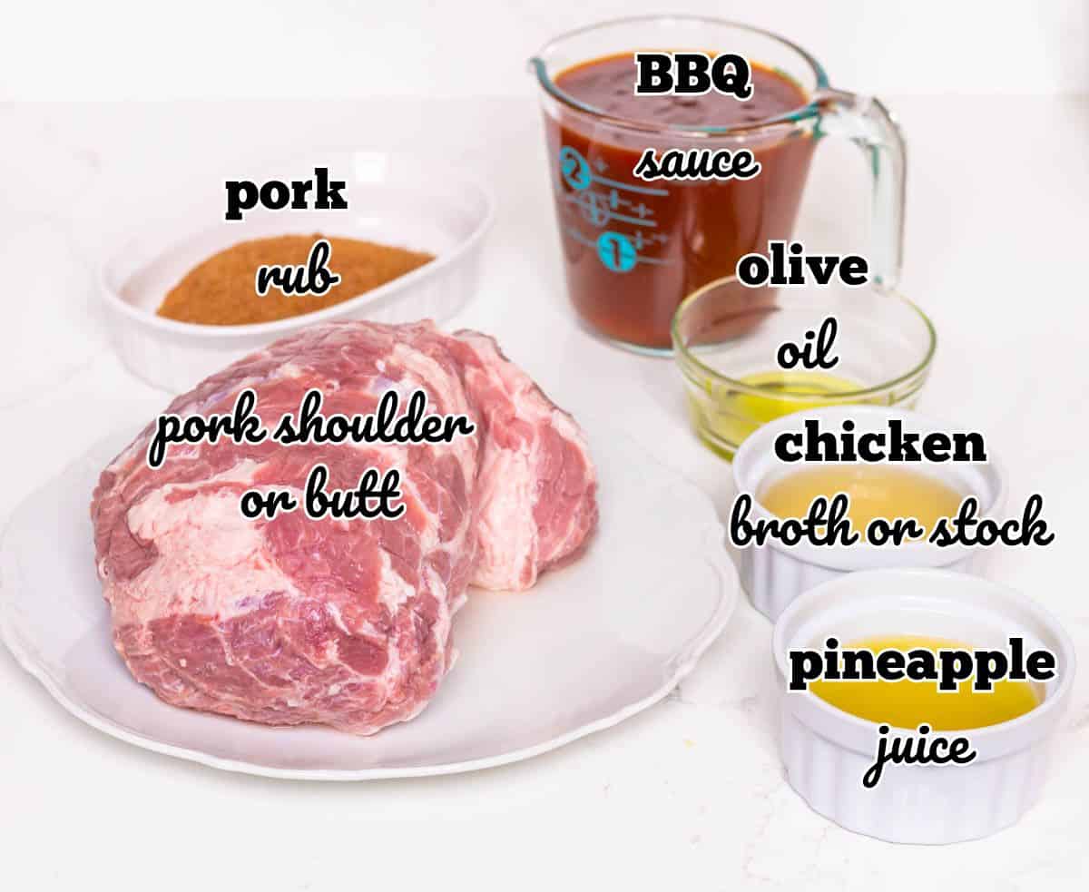 Ingredients for pulled pork in individual bowls and dishes