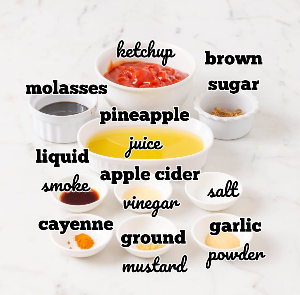 Ingredients for bbq sauce in individual bowls