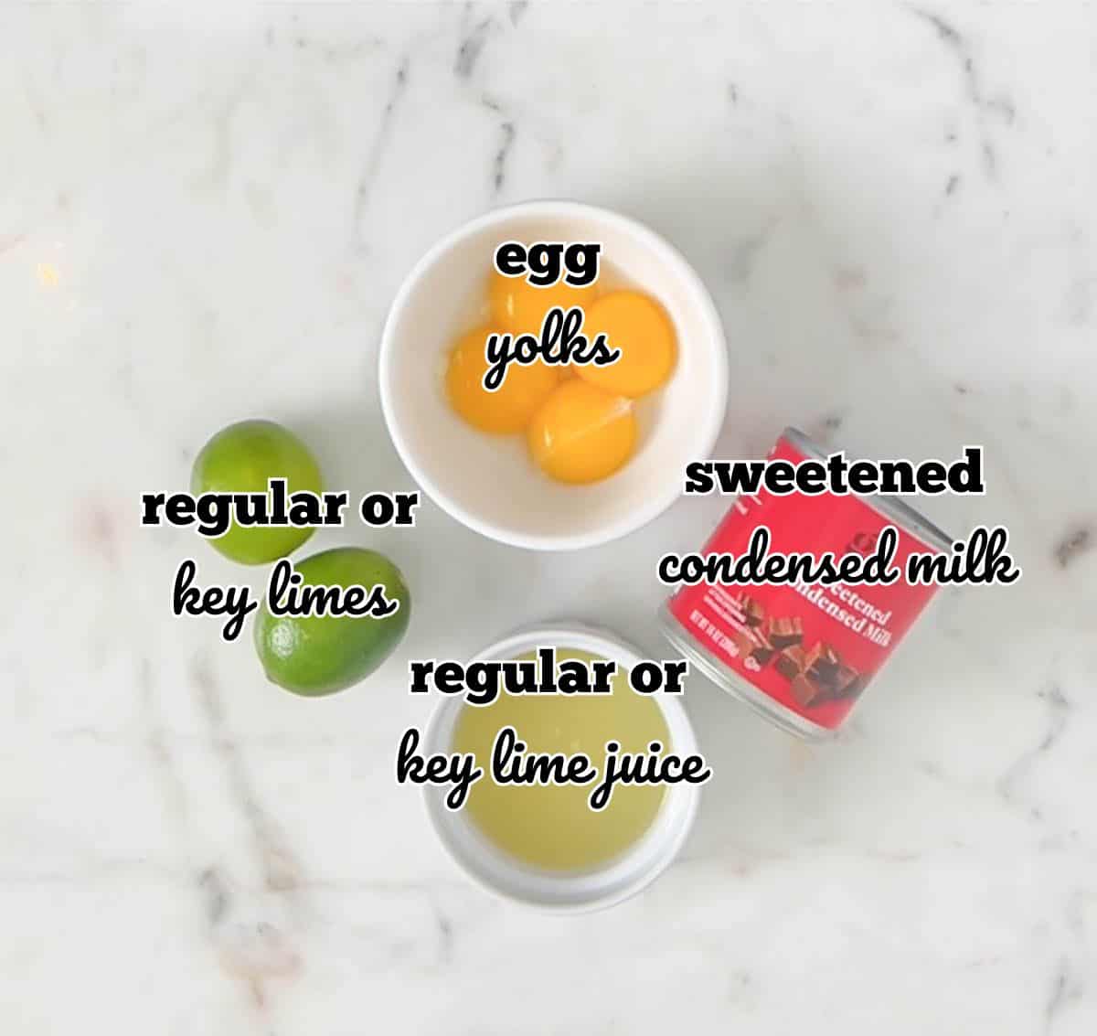 Ingredients for key lime pie filling in individual bowls and labeled