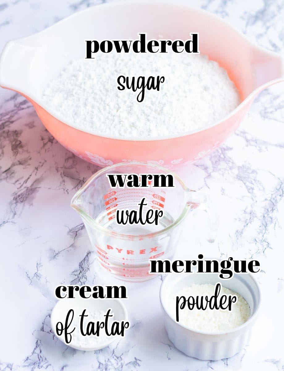 Royal Icing Recipe with Meringue Powder | thewendthousekitchen.com Pic of all ingredients in individual bowls and labeled.