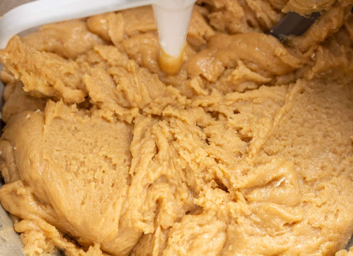 Sugar cookie batter in the bowl of a stand mixer.