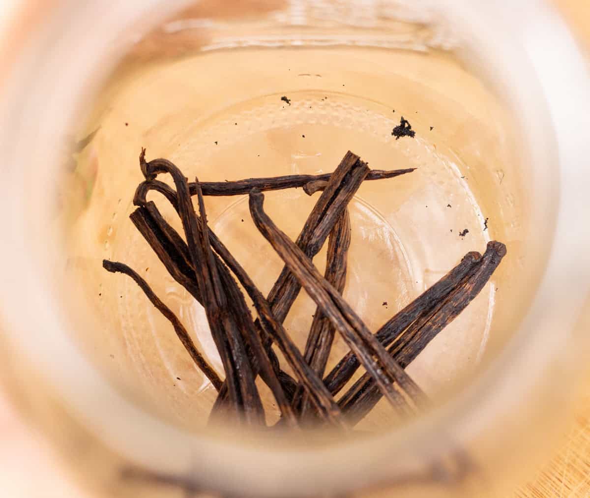Easy Bourbon Vanilla Extract | thewendthousekitchen.com Vanilla beans in a glass jar.