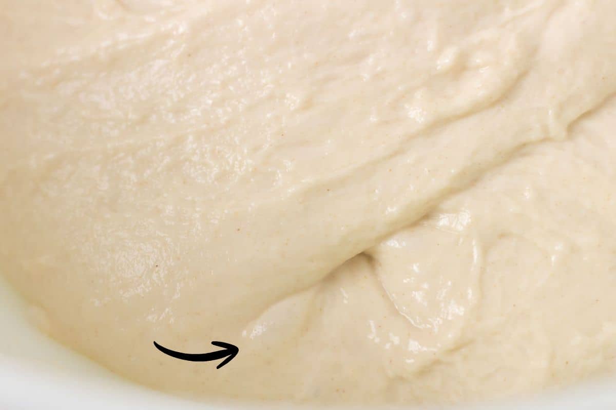 How To Make Artisan Sourdough Bread | thewendthousekitchen.com Sourdough dough after bulk fermentation with visible bubbles.