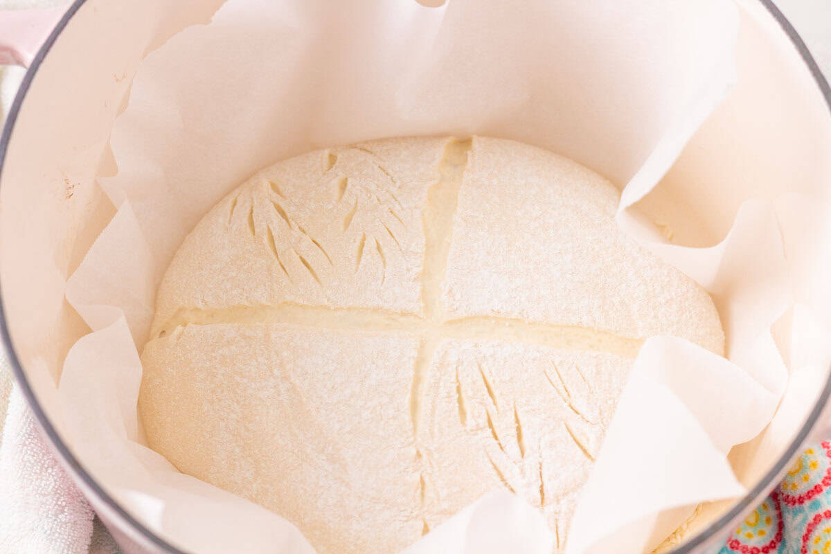 How To Make Sourdough Starter | thewendthousekitchen.com Unbaked sourdough bread with designs inside of parchment paper in a Dutch oven.