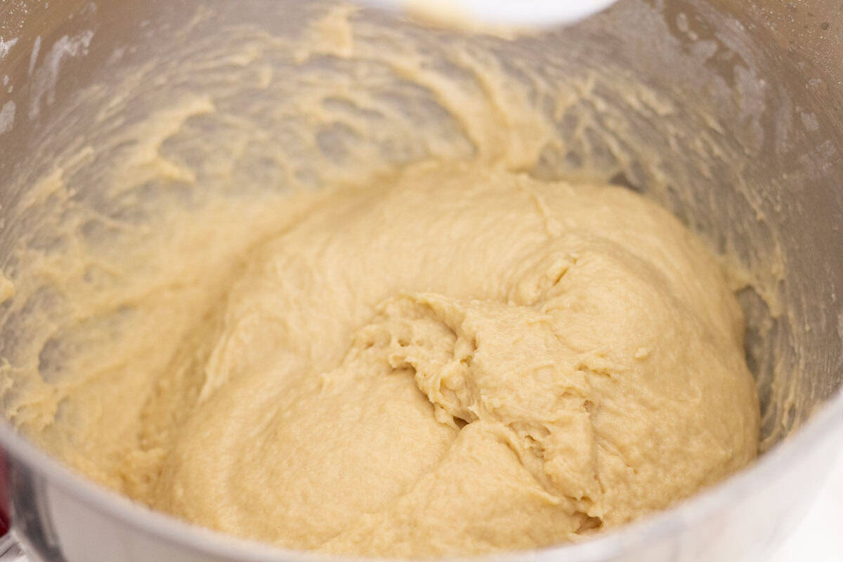 Sour Dough Discard Cinnamon Rolls | thewendthousekitchen.com Cinnamon dough in the bowl of a stand mixer.