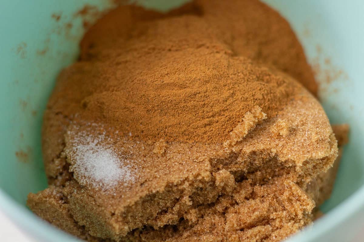 Sour Dough Discard Cinnamon Rolls | thewendthousekitchen.com Brown sugar, cinnamon and salt added to a bowl.