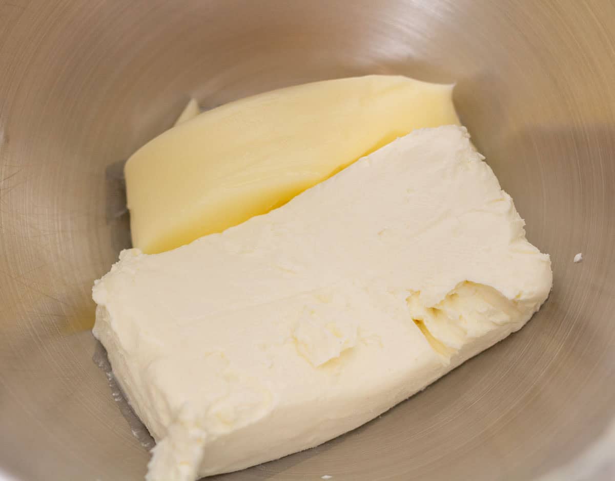 Sour Dough Discard Cinnamon Rolls | thewendthousekitchen.com Butter and cream cheese in the bowl of a stand mixer.