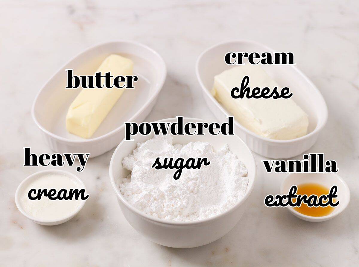 Sour Dough Discard Cinnamon Rolls | thewendthousekitchen.com Ingredients for cream cheese icing in individual bowls and labeled.
