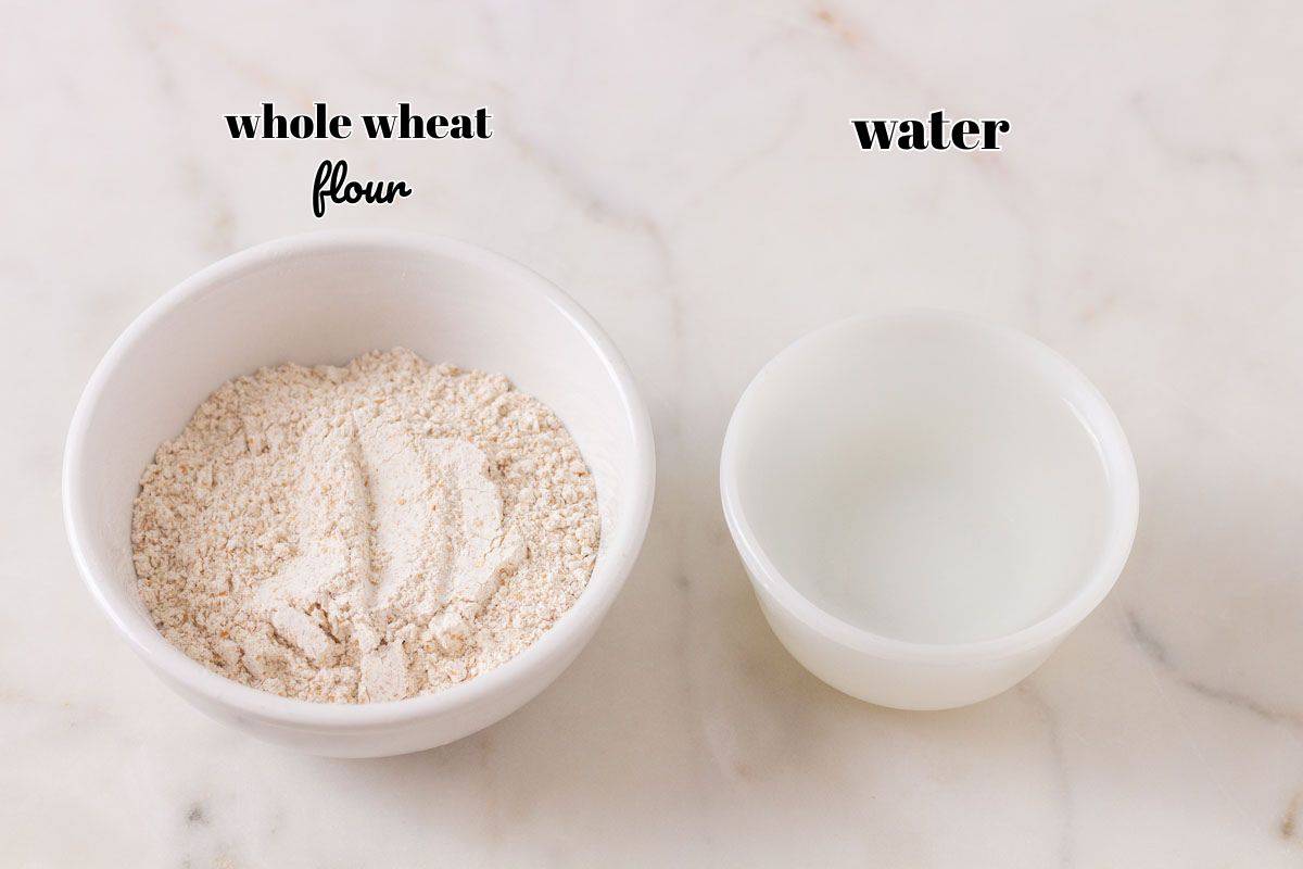 How To Make Sourdough Starter | thewendthousekitchen.com Pictured ingredients for sourdough starter labeled.