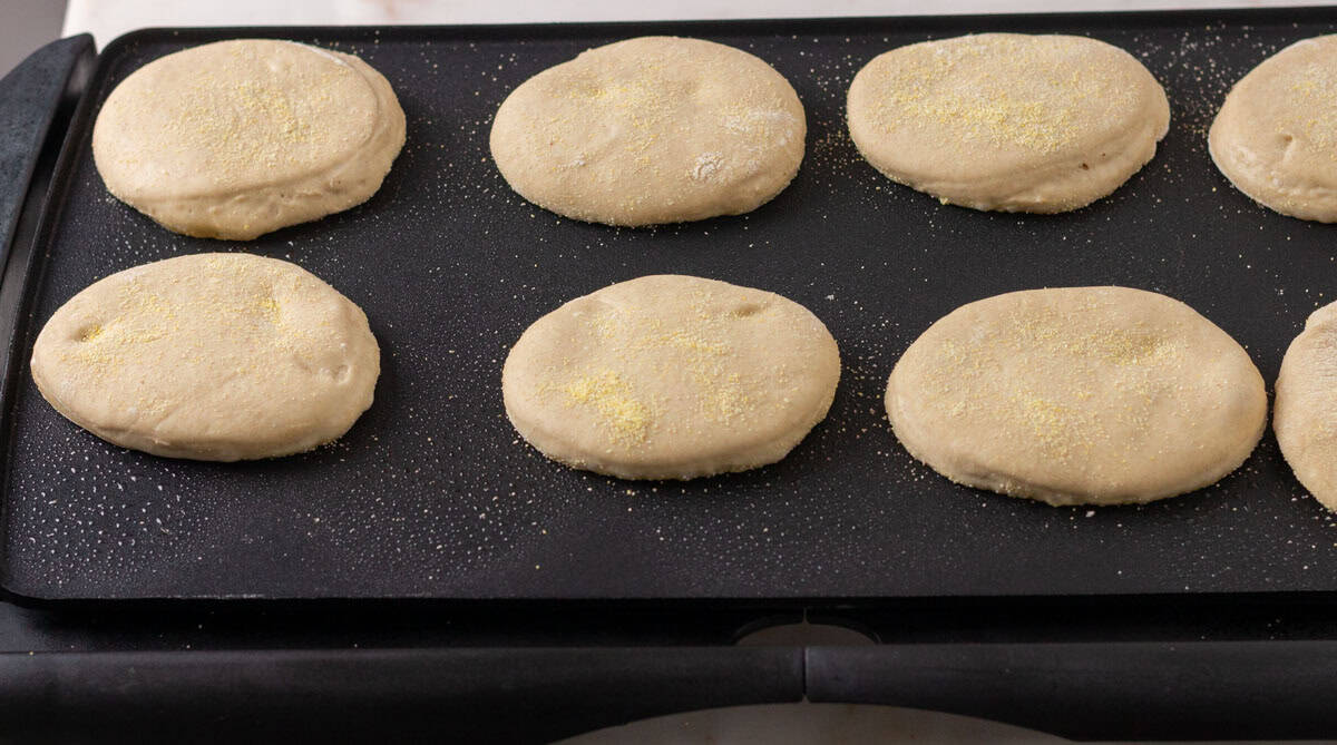 Sourdough Discard English Muffin Recipe | thewendthousekitchen.com English muffins cooking on an electric skillet.