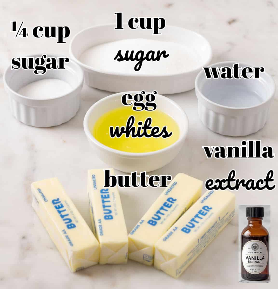 How To Make Italian Meringue Buttercream | thewendthousekitchen.com Ingredients for Italian meringue buttercream in individual bowls and labeled.