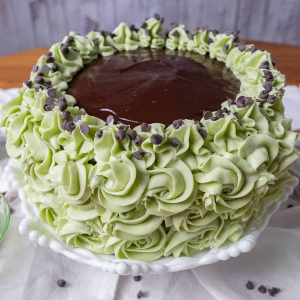 Mint Chocolate Cake decorated with green rosettes and the top covered with chocolate ganache and chocolate chips.