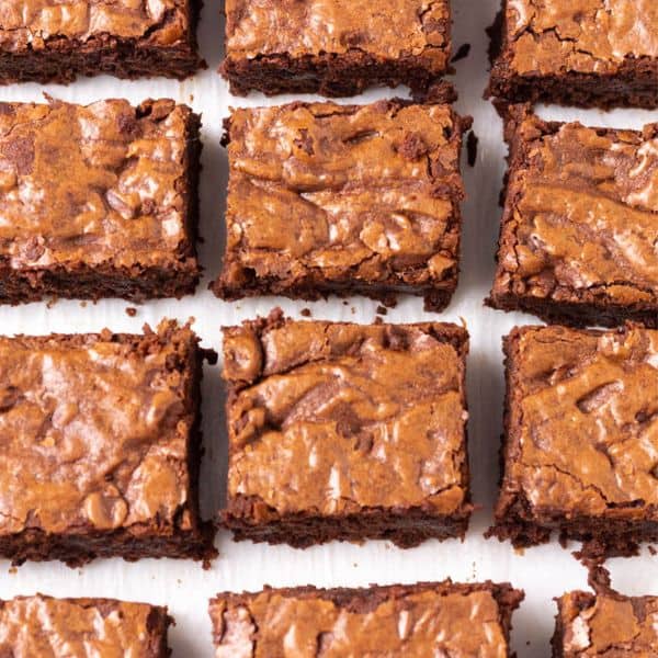 Overhead shot of brownies cut on a plate