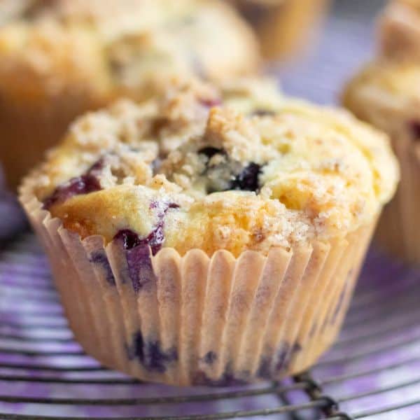 A blueberry cream cheese muffin on a black cake grid.