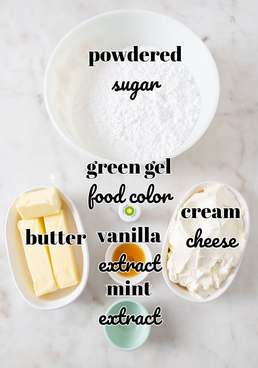 Chocolate Mint Cake with Mint Cream Cheese Frosting | thewendthousekitchen.com Ingredients for cream cheese frosting in individual bowls and labeled.