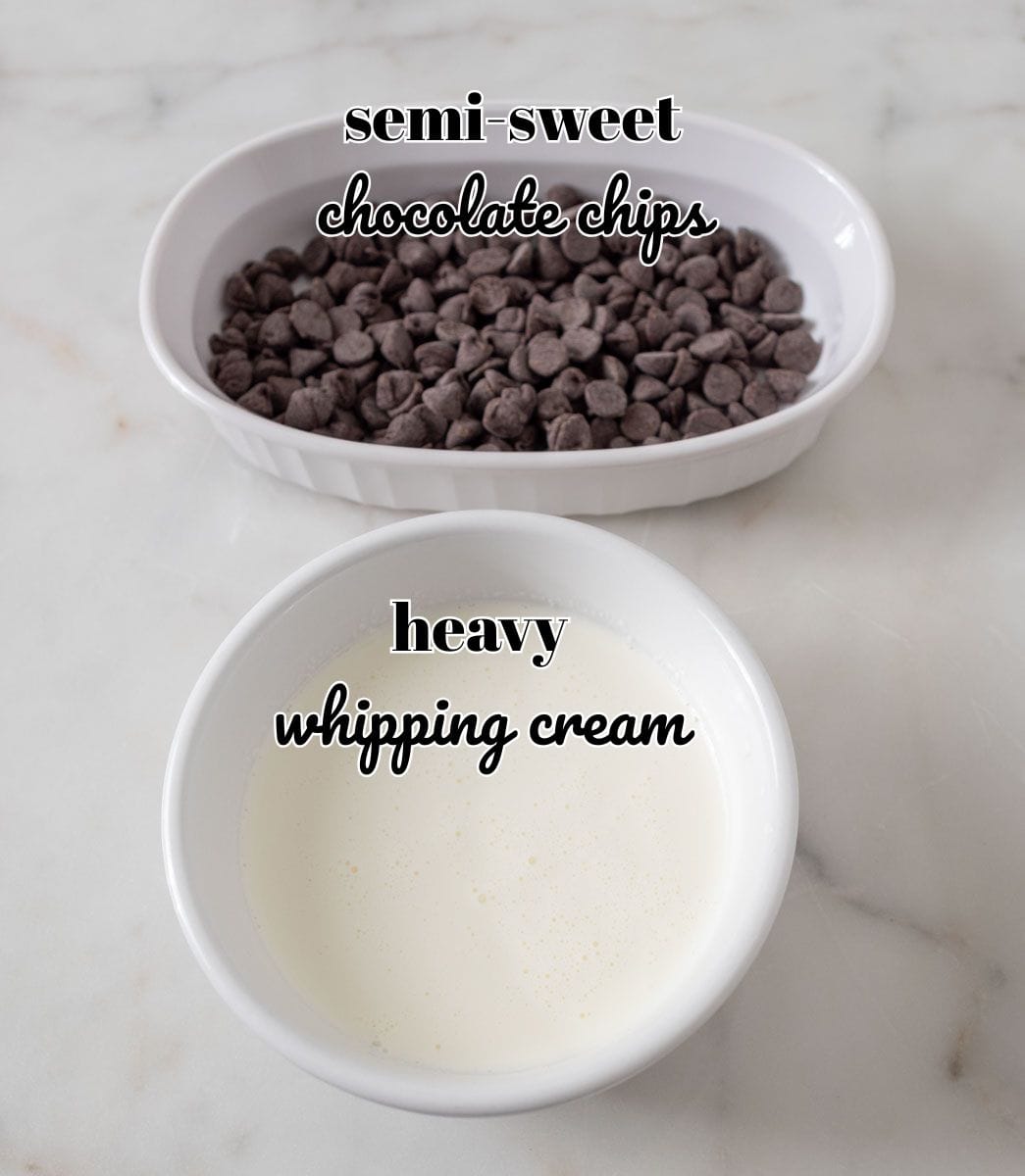 Chocolate Mint Cake with Mint Cream Cheese Frosting | thewendthousekitchen.com Ingredients for chocolate ganache in individual bowls and labeled.