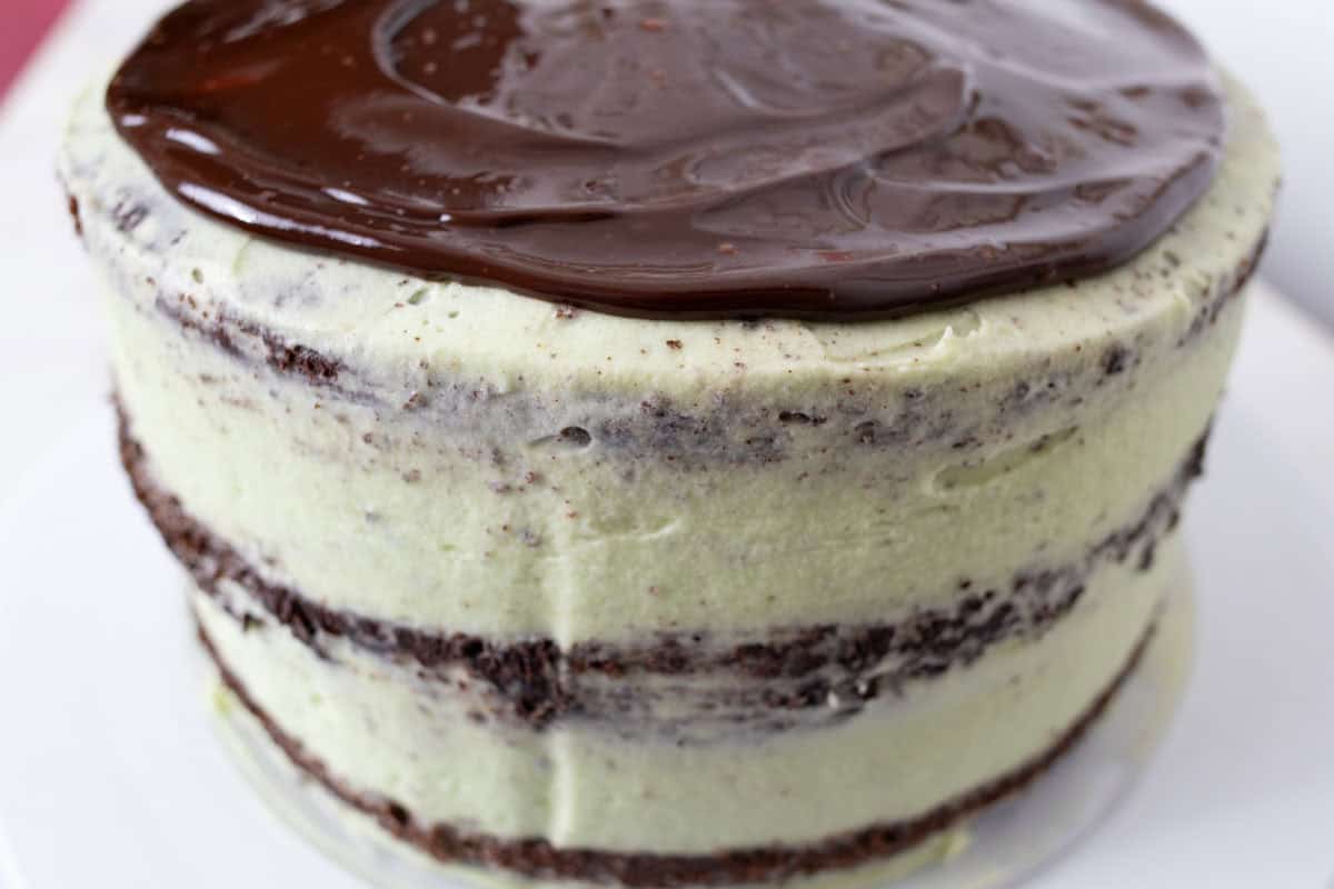 Chocolate Mint Cake with Mint Cream Cheese Frosting | thewendthousekitchen.com Showing the side of the mint chocolate cake with chocolate ganache on top about 1/2 inch from the edge of the cake.