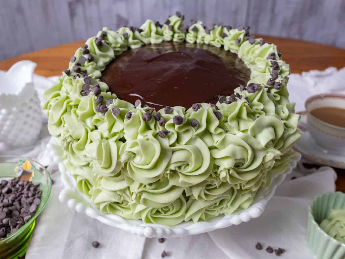 Chocolate Mint Cake with Mint Cream Cheese Frosting | thewendthousekitchen.com Chocolate mint cake decorated with green rosettes with mint cream cheese frosting. The top of the cake has chocolate ganache. There are chocolate chips around the top border of the cake.