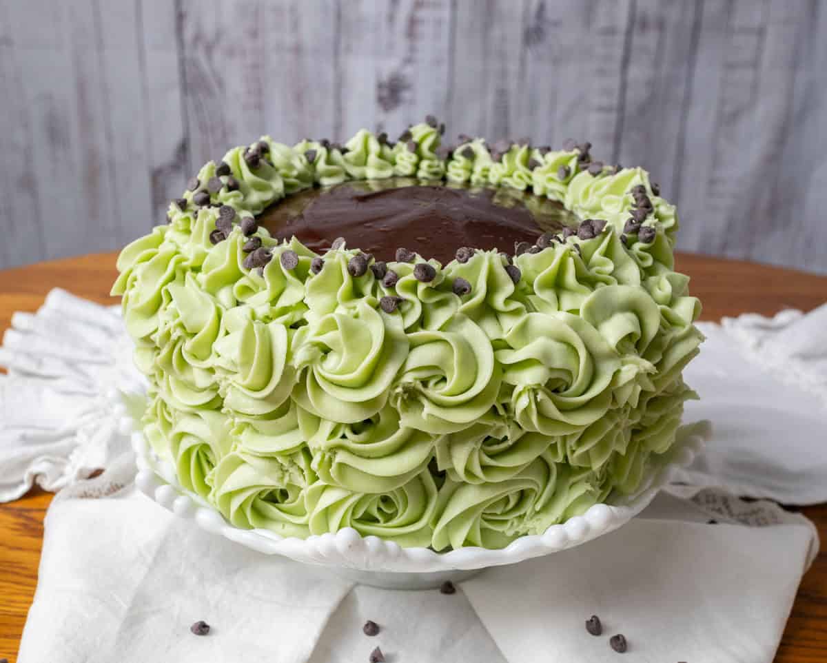 Chocolate Mint Cake with Mint Cream Cheese Frosting | thewendthousekitchen.com A decorated chocolate mint cake on a white cake plate with rosettes piped around the side with green cream cheese frosting, a border around the top around chocolate ganache.