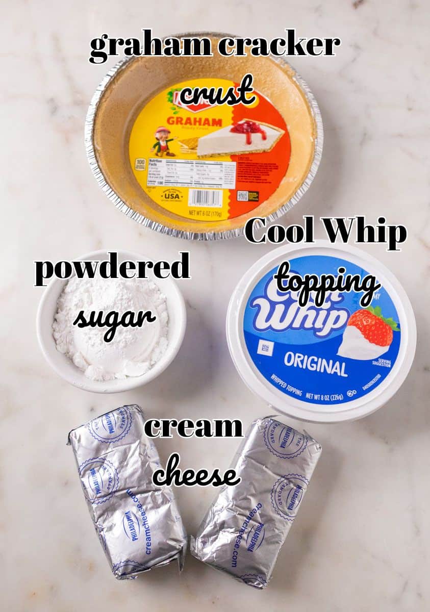 3 Ingredient No Bake Cheesecake | thewendthousekitchen.com Ingredients for 3 ingredient no bake cheesecake in individual bowls and labeled.