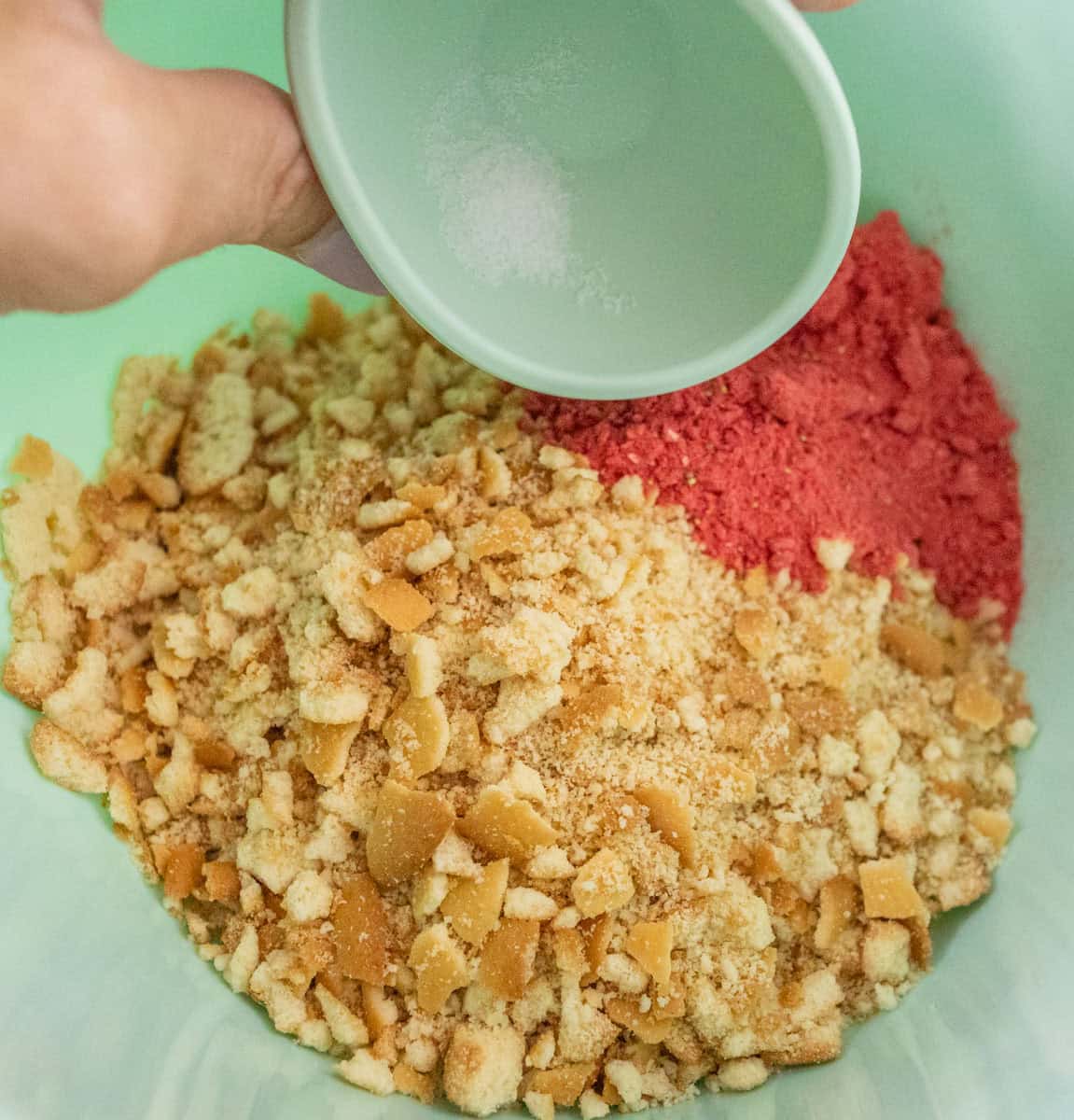 Strawberry Crunch Cake | thewendthousekitchen.com Pouring salt onto crushed vanilla wafers and freeze-dried strawberry powder in a light turquoise bowl.