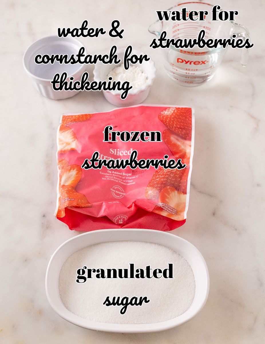 How To Make Strawberry Sauce | thewendthousekitchen.com Ingredients for strawberry sauce in individual bowls and labeled.